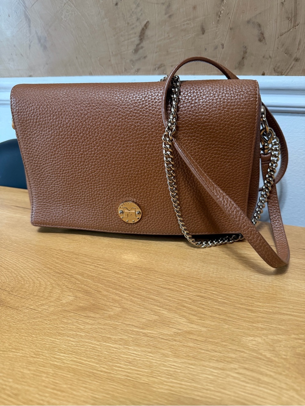 Metrocity Brown Pebbled Leather Chain Strap Crossbody Clutch Bag
